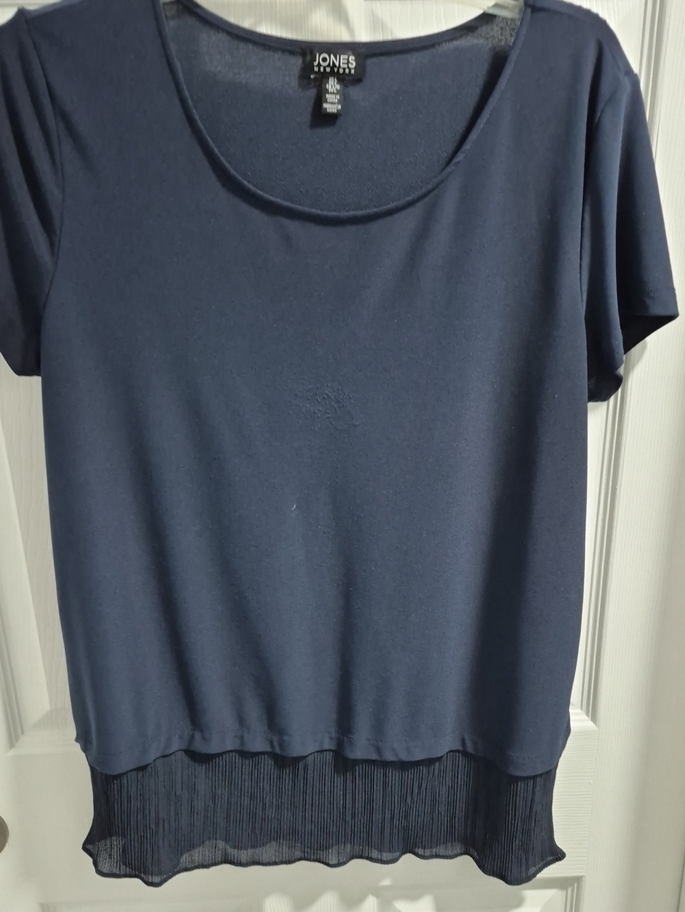 Jones New York Navy Short-Sleeve Top with Pleated Layered Hem